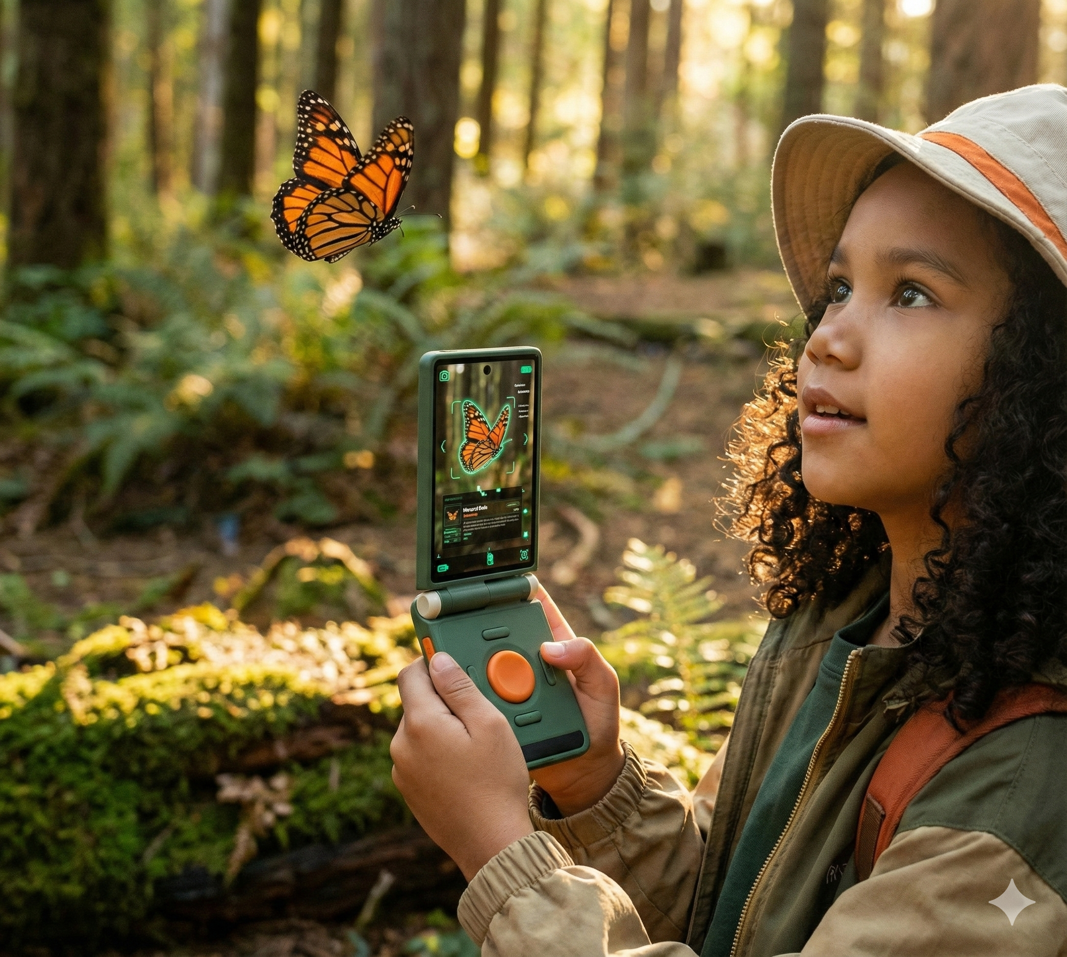 Kid discovering a monarch butterfly with Spot