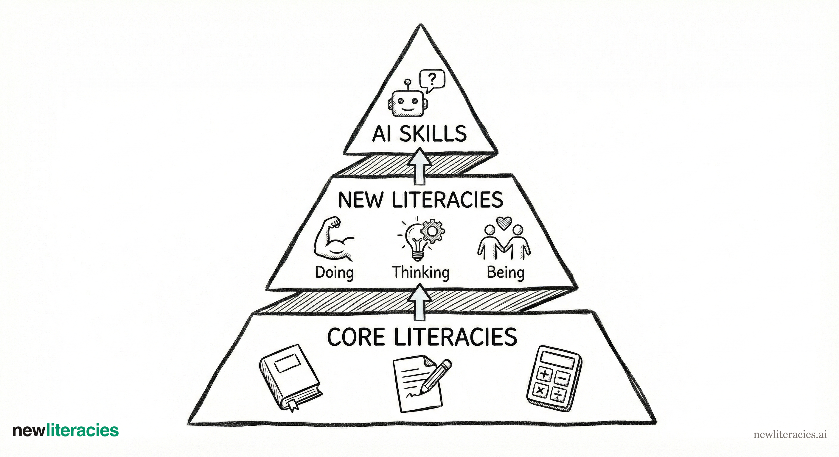 Three layers: Core Literacies at the base, New Literacies in the middle, AI Skills on top